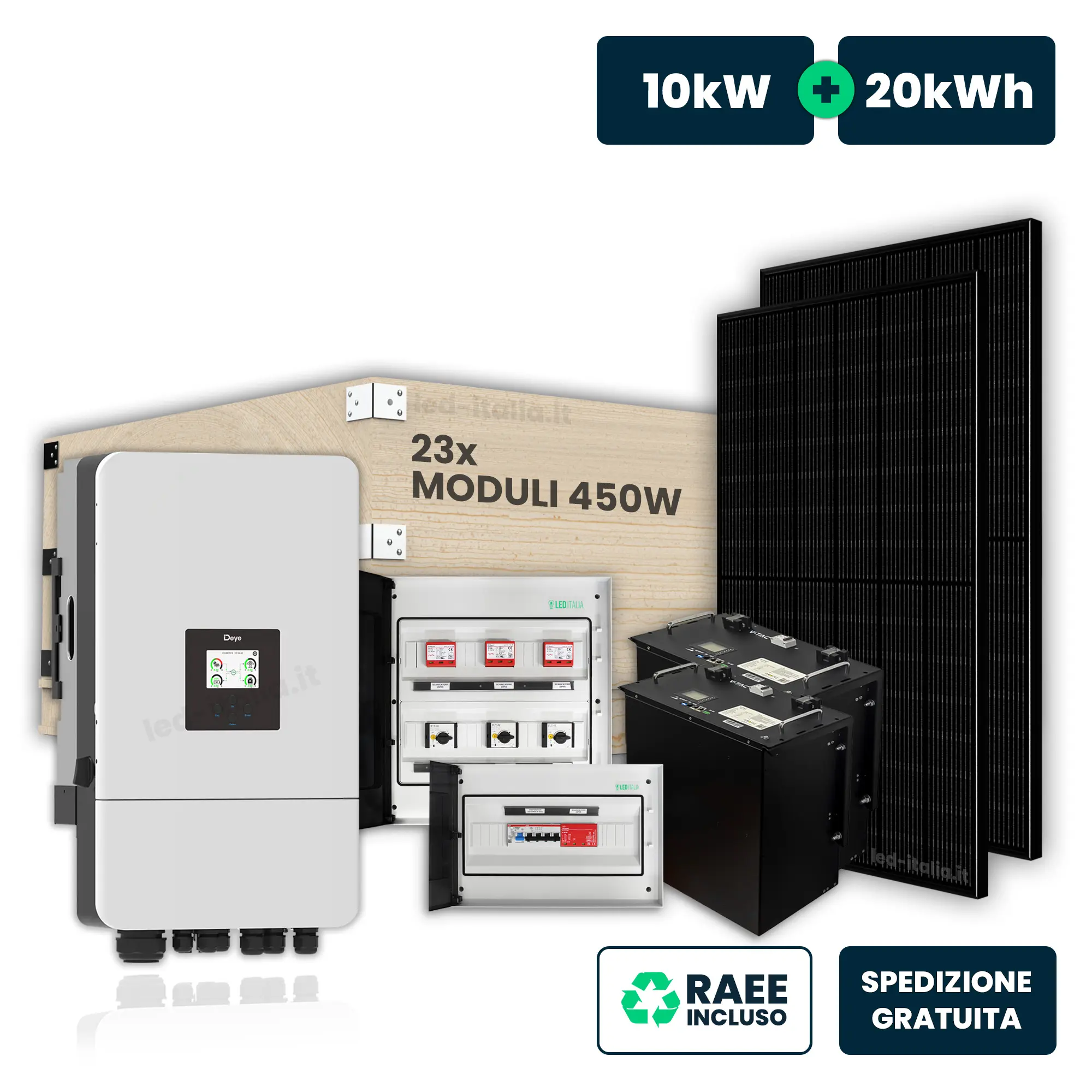 KIT Fotovoltaico Trifase 10kW con Inverter Ibrido, 23 Moduli 450W (10.35kW) Black con Accumulo LFP 20kWh, Quadri DC 3-3 e AC 1-1 10kW