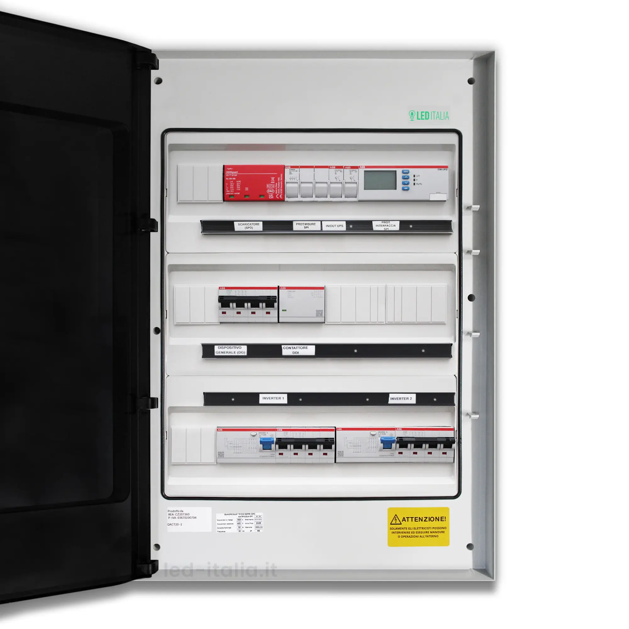 Quadro AC Trifase 20kW Doppio Inverter 32A 400V 54 Moduli Differenziale + SPD + Entra/Esci + Sgancio + Portafusibili + SPI CEI 0-21 ABB / DEHN IP65