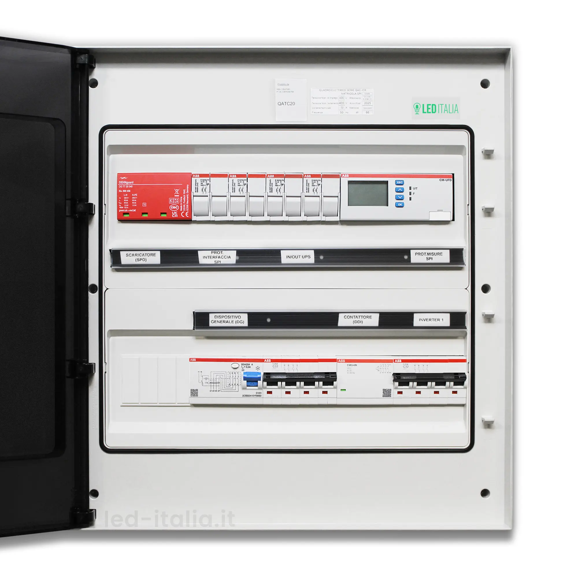 Quadro AC Trifase 20kW 32A 400V 36 Moduli Differenziale + SPD + Entra/Esci + Sgancio + Portafusibili + SPI CEI 0-21 ABB / DEHN IP65