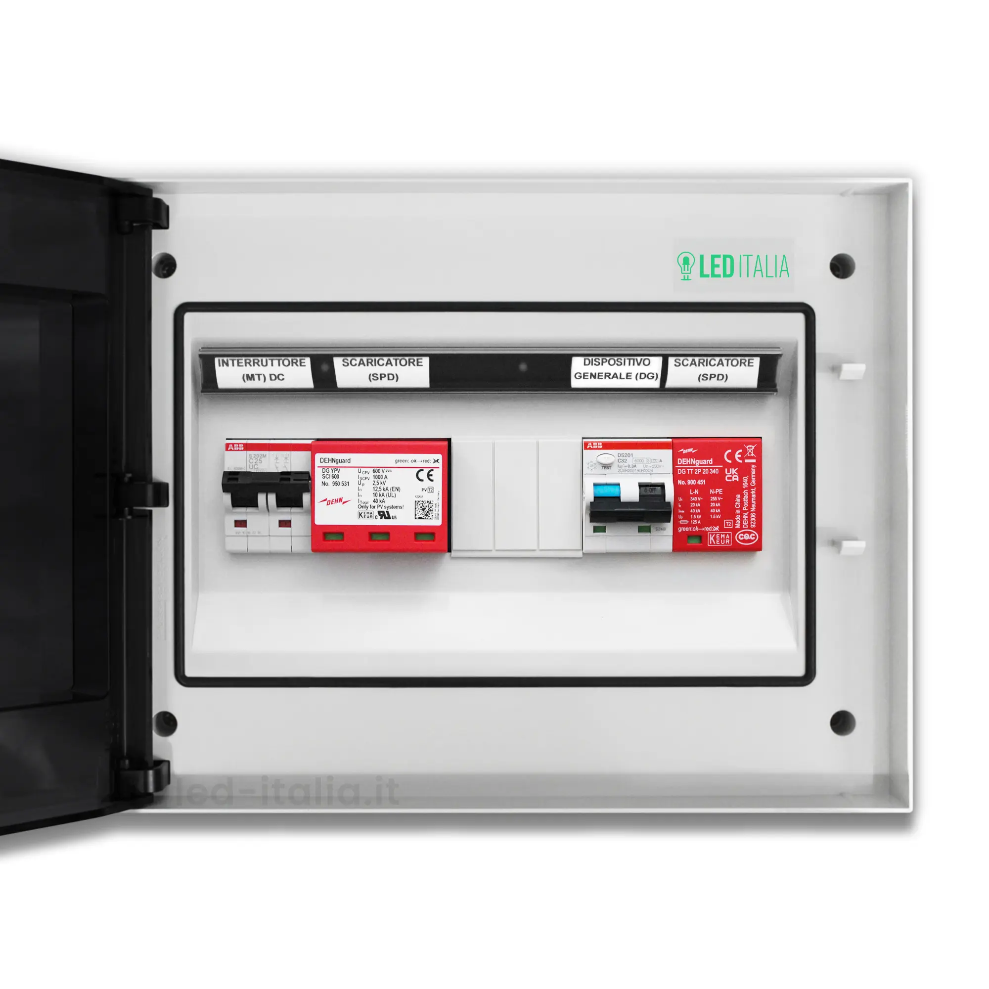 Quadro Combinato AC/DC Monofase 6kW 1/1 MPPT 32A 230V / 20A 600VDC 12 Moduli Differenziale + SPD ABB / DEHN IP65
