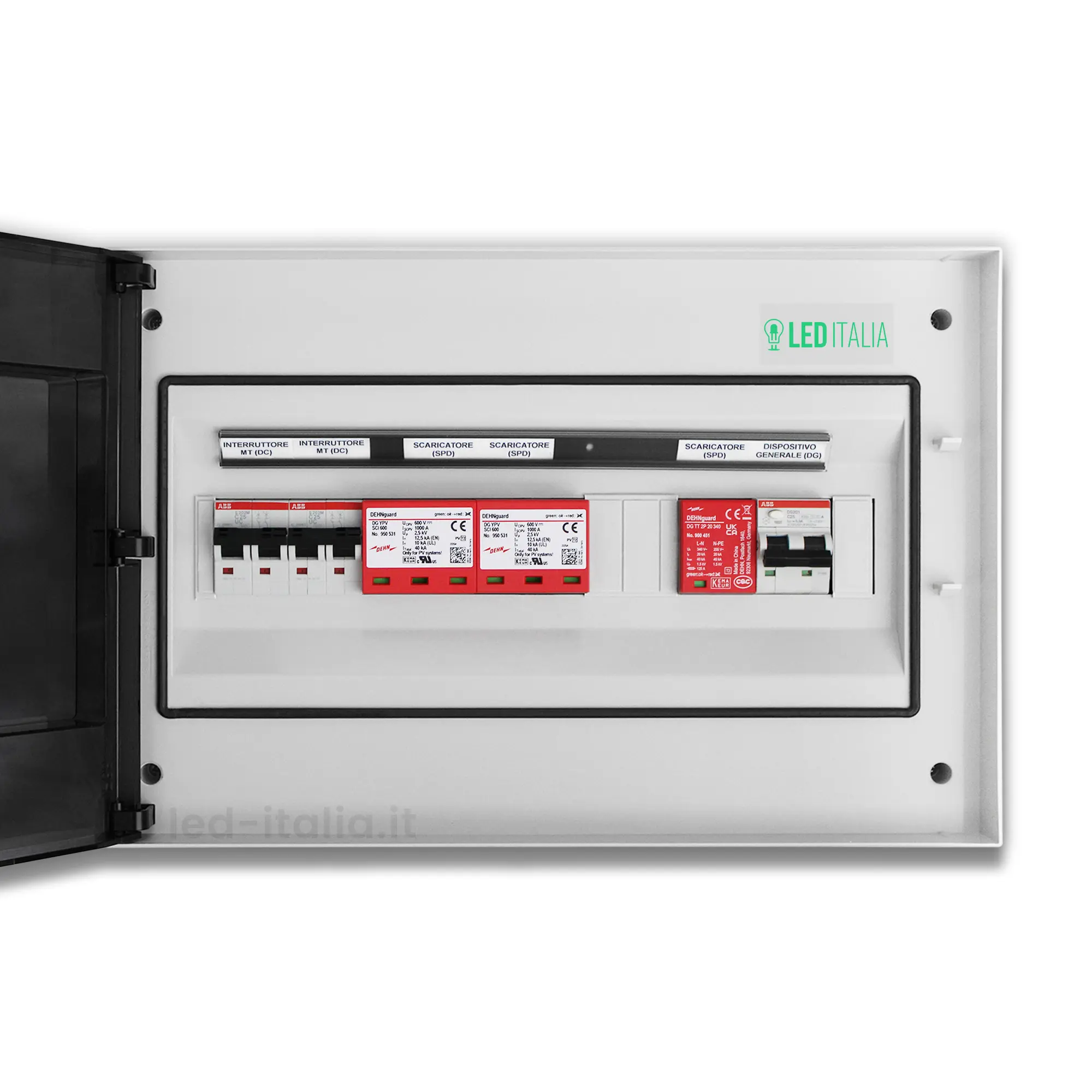 Quadro Combinato AC/DC Monofase 5kW 2/2 MPPT 25A 230V / 16A 600VDC 18 Moduli Differenziale + SPD ABB / DEHN IP65